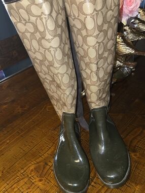 Coach Tan Signature Monogram Rain Boots